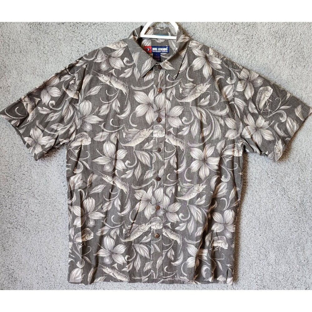 Reel Legends Gray Hawaiian Fishing Print Button Up Short Sleeve Shirt Size Large